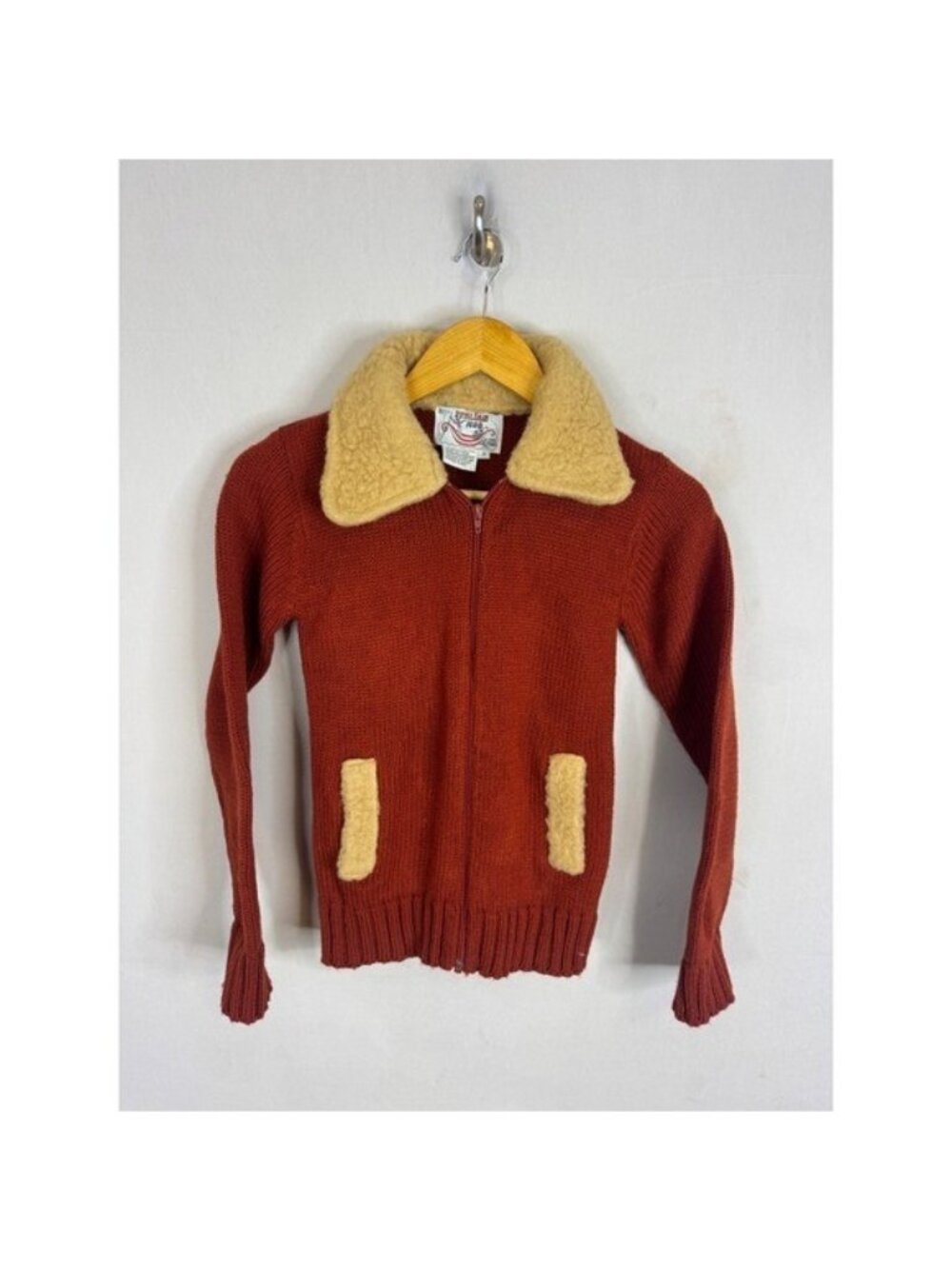 Vintage Italian Mob Ltd Rust Orange Faux Shearling Collar Zip Sweater Women XS